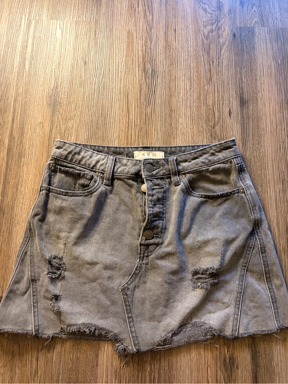 We The Free Gray Distressed Denim Mini Skirt